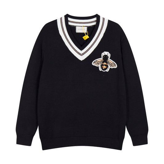 Gucci Striped Bee Embroidered Oversized V-Neck Sweater