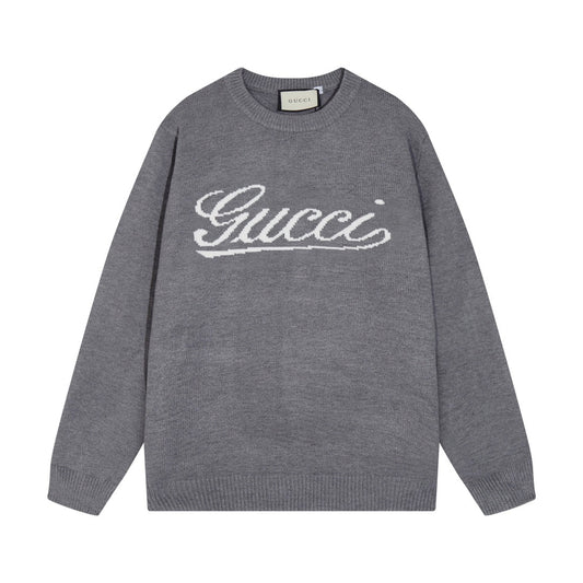 Gucci Gray Script Logo Intarsia Knit Sweater