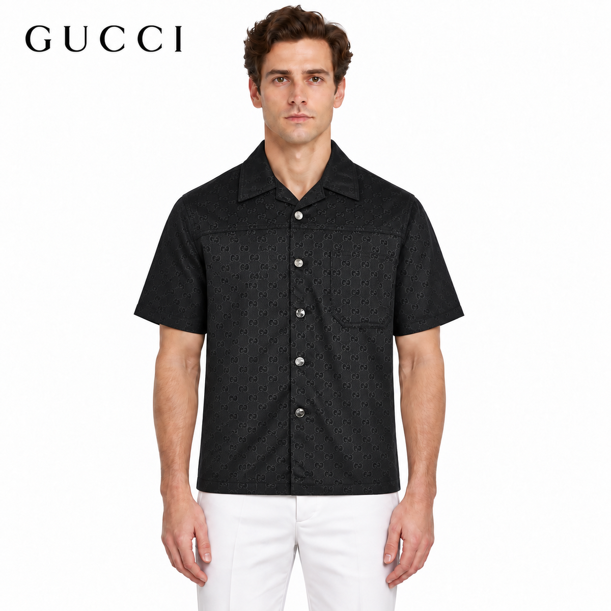 Gucci Tonal GG Jacquard Short-Sleeve Shirt in Black