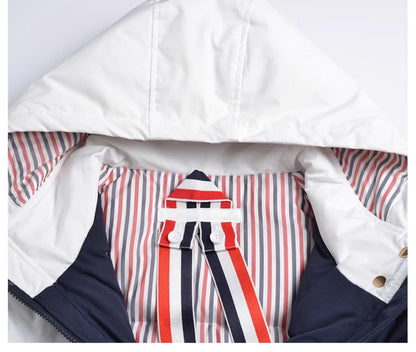 Thom Browne Unisex long coat with hood and white placket