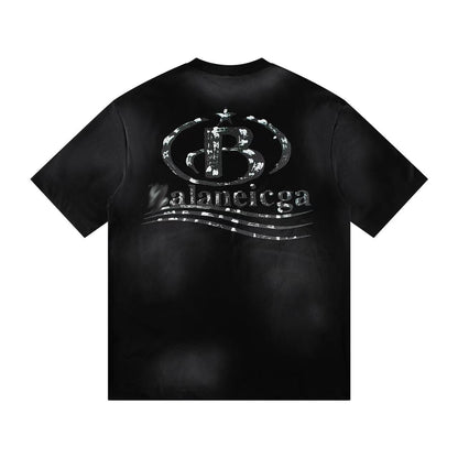 Balenciaga Metallic B Crest Washed T-Shirt in Black & White