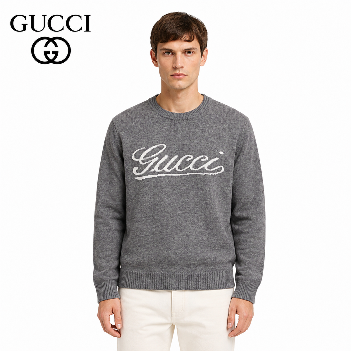 Gucci Gray Script Logo Intarsia Knit Sweater