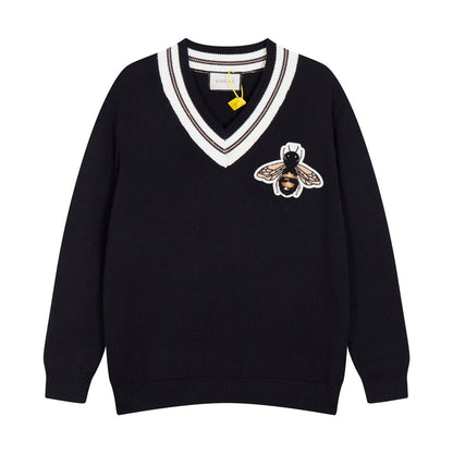 Gucci Striped Bee Embroidered Oversized V-Neck Sweater