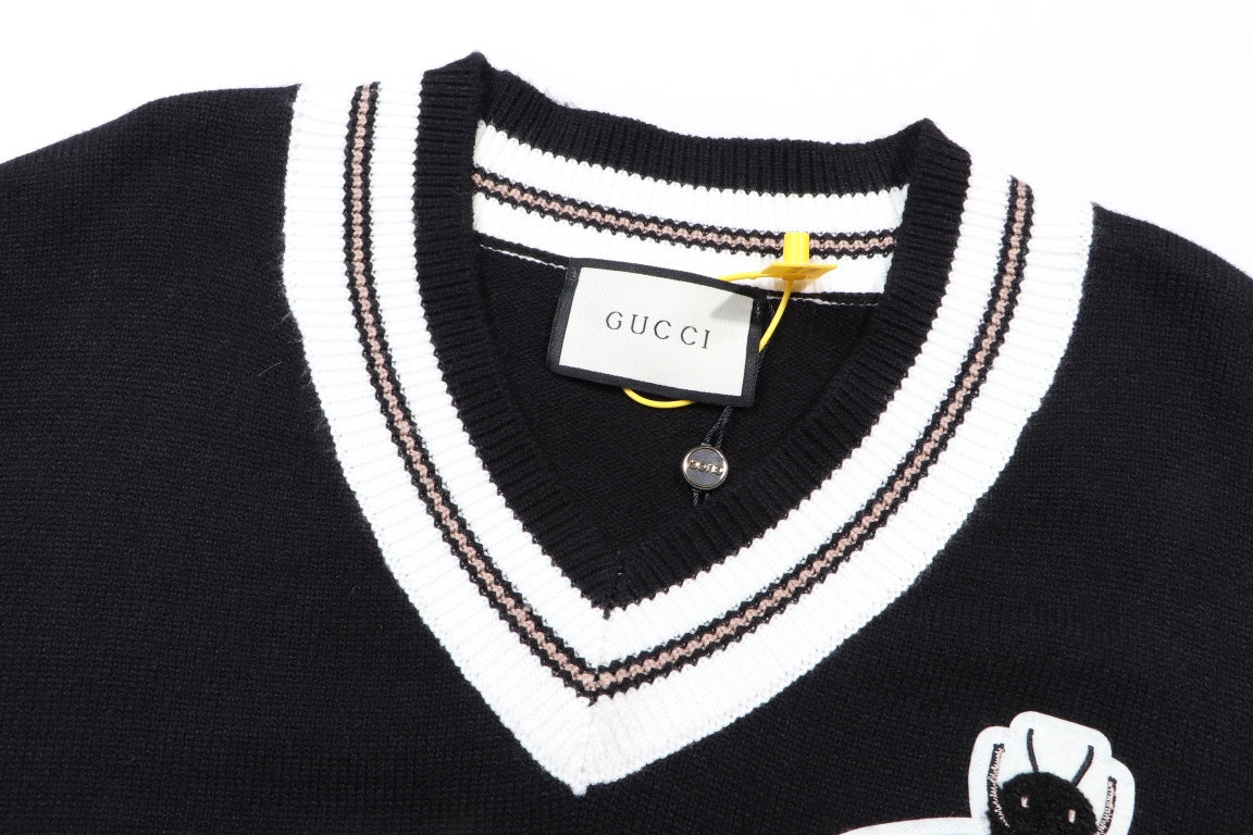Gucci Striped Bee Embroidered Oversized V-Neck Sweater