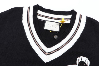 Gucci Striped Bee Embroidered Oversized V-Neck Sweater