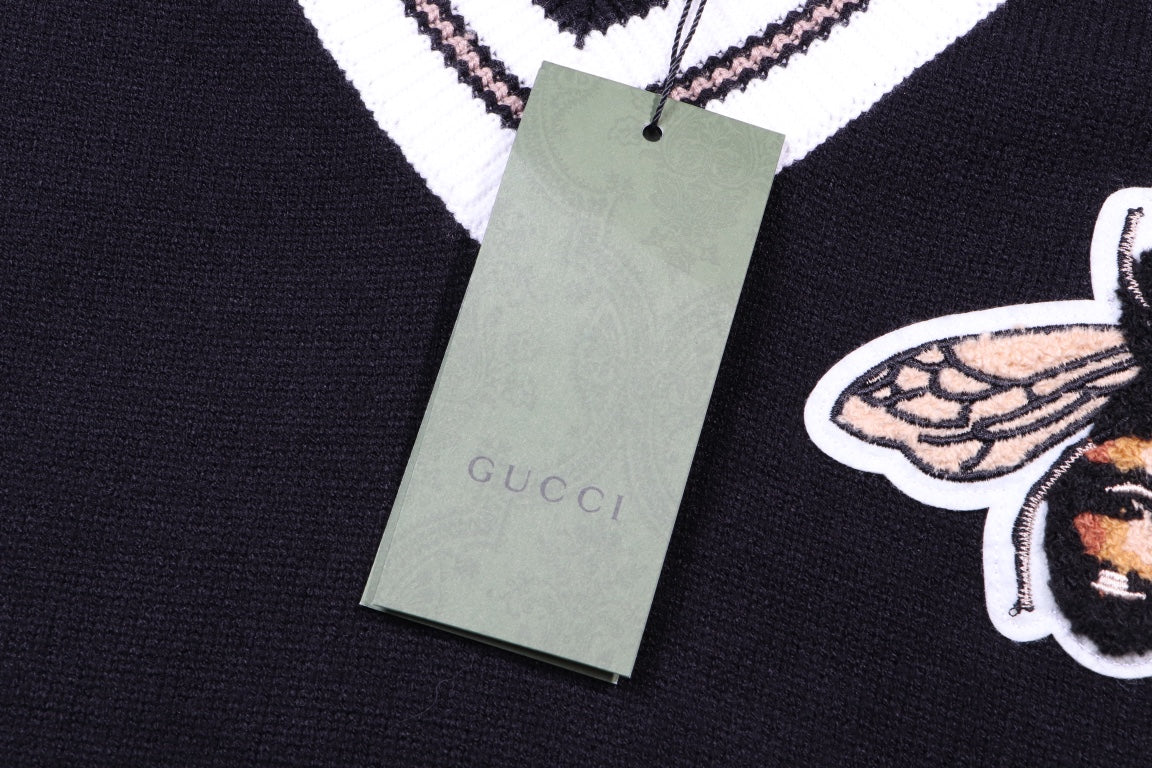 Gucci Striped Bee Embroidered Oversized V-Neck Sweater