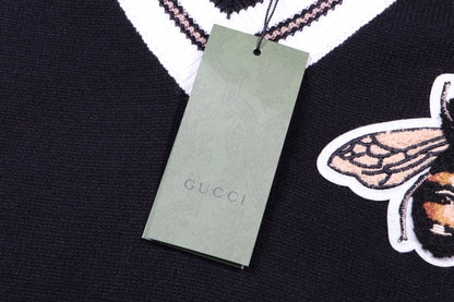 Gucci Striped Bee Embroidered Oversized V-Neck Sweater
