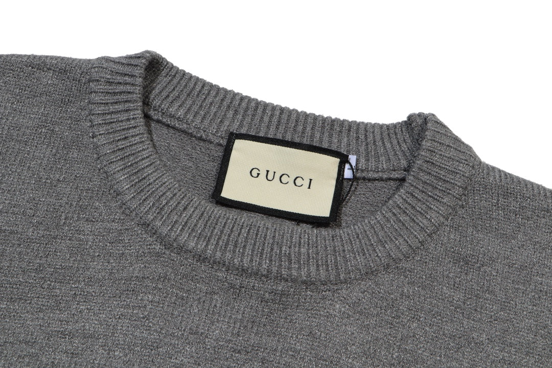 Gucci Gray Script Logo Intarsia Knit Sweater