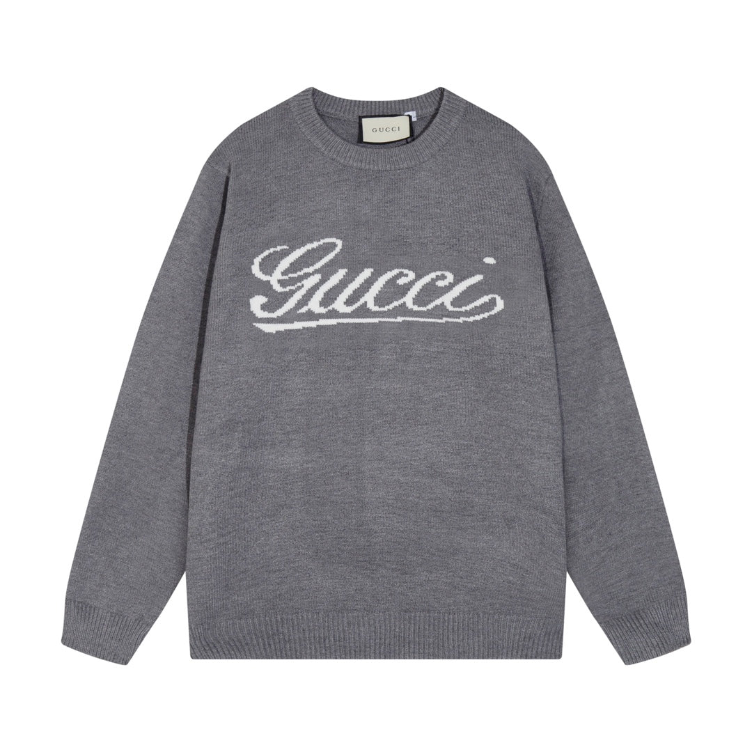 Gucci Gray Script Logo Intarsia Knit Sweater