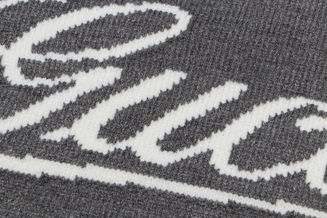 Gucci Gray Script Logo Intarsia Knit Sweater