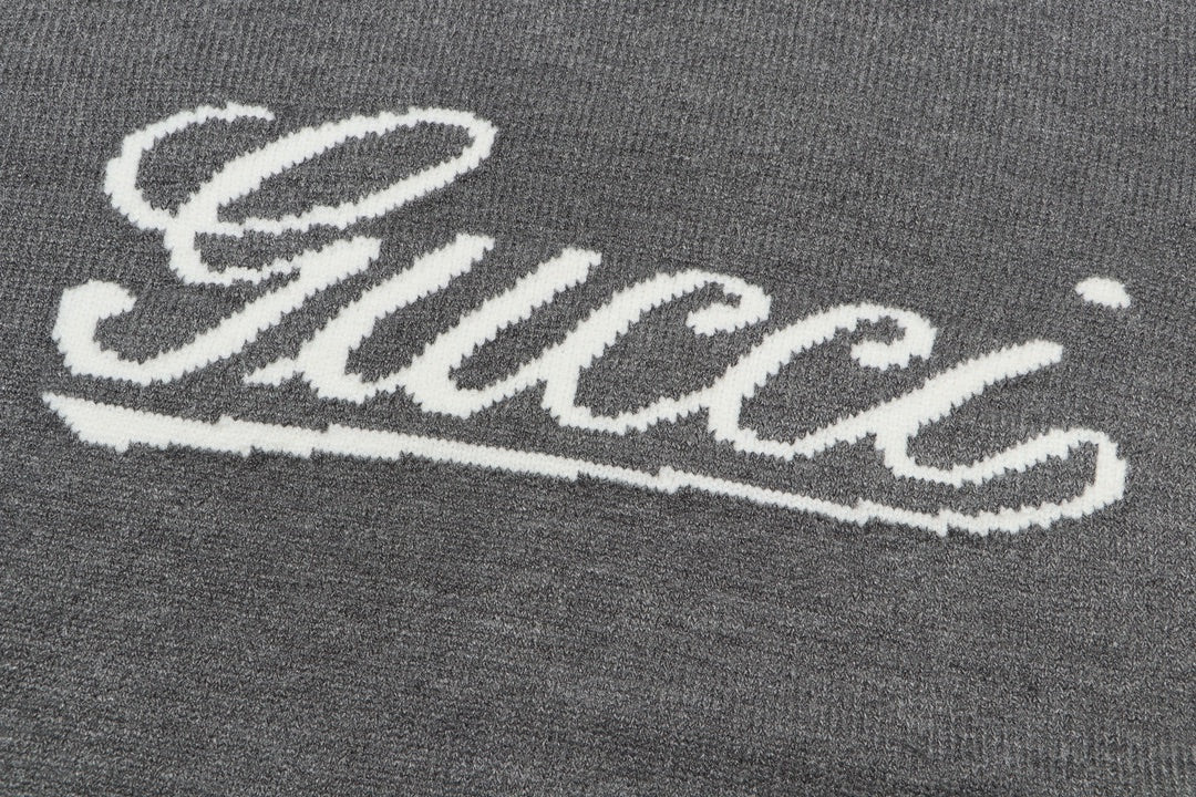 Gucci Gray Script Logo Intarsia Knit Sweater