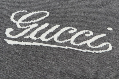 Gucci Gray Script Logo Intarsia Knit Sweater