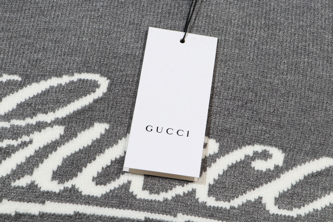 Gucci Gray Script Logo Intarsia Knit Sweater