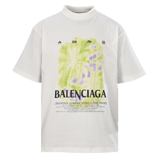 Balenciaga Watercolor Garden Print Mock Neck T-Shirt in White